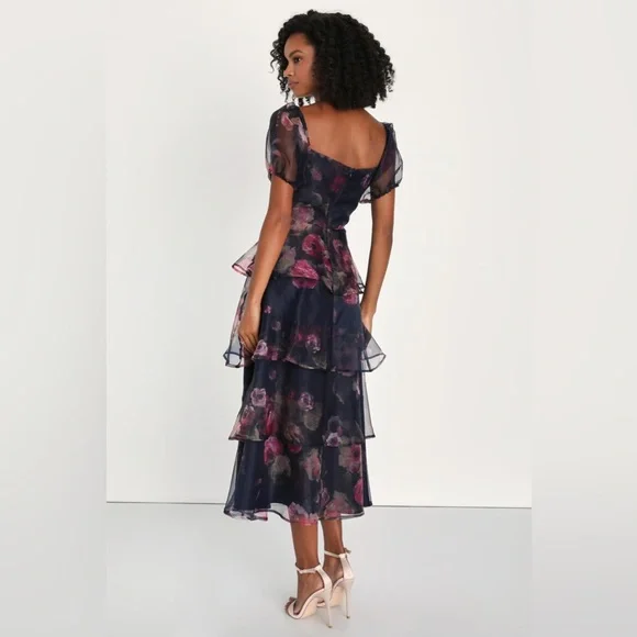 Oh-So Stunning Navy Blue Floral Organza Tiered Midi Dress - Picture 2 of 3